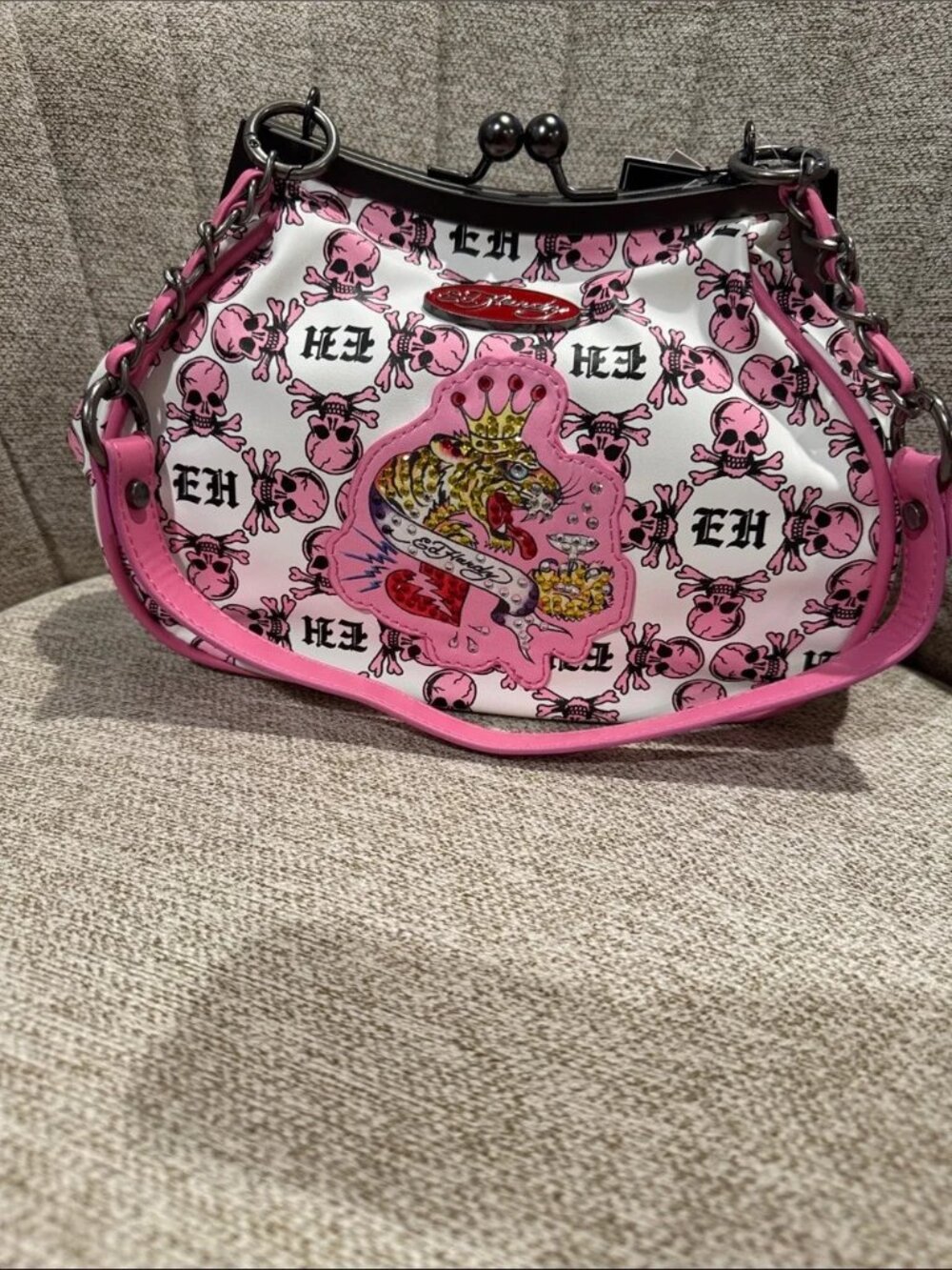 Ed Hardy Pink White Skull Print Shoulder Bag